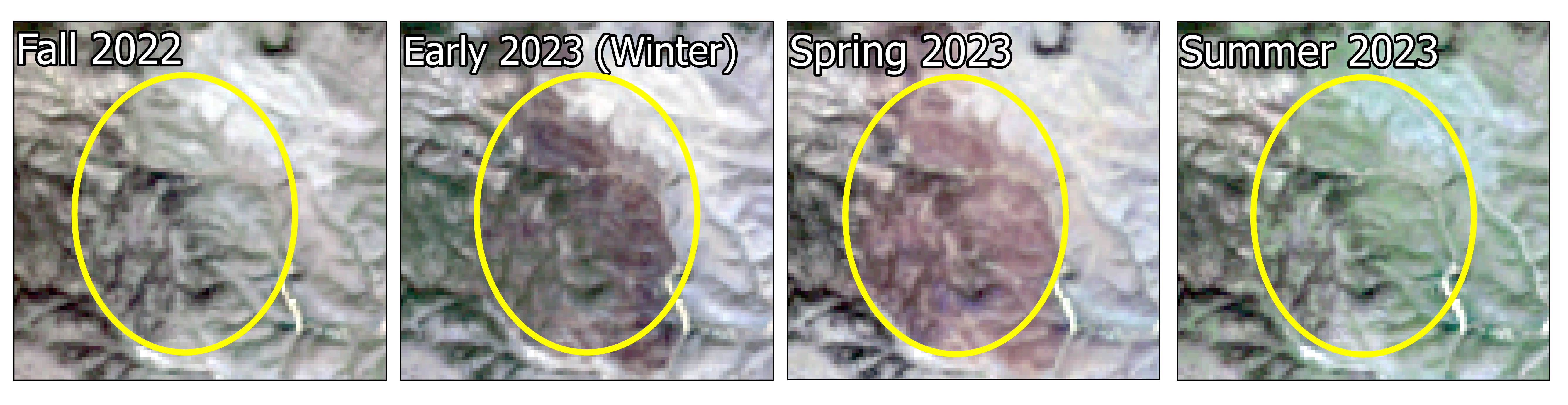 two satellite image layers with arrow pointing to the fire scare